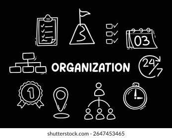 Gruppe von Symbolen mit dem Design Organisation. Mit Doodle-Stil. Für Layout, Website, Grafikdesign
