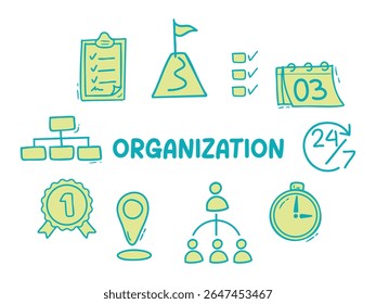 Conjunto de iconos con tema de Organización. Con estilo doodle. Para la disposición, el Sitio web, el Diseño gráfico