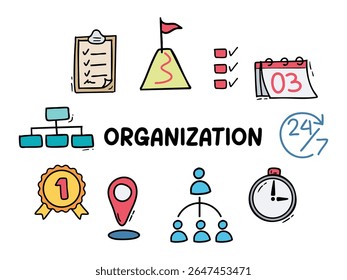 Conjunto de iconos con tema de Organización. Con estilo doodle. Para la disposición, el Sitio web, el Diseño gráfico