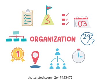 Conjunto de iconos con tema de Organización. Con estilo doodle. Para la disposición, el Sitio web, el Diseño gráfico