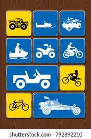 Set of icons of outdoor activities: cycling, motocross, 4x4 vehicle, snowmobile, sand vehicle. Icons in blue color on wooden background. Vector image