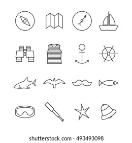 Set icons outline nautical of thin lines, isolated on white background. Design elements marine navigation items, vector illustration.