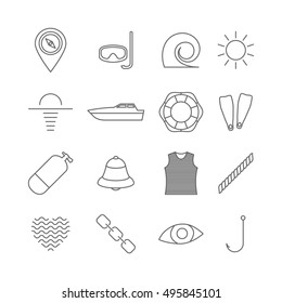 Set icons outline nautical of thin lines, isolated on white background. Design elements marine navigation items, vector illustration.