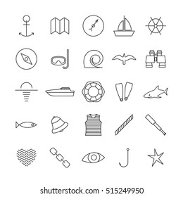 Set icons outline nautical of thin lines, isolated on white background. Design elements marine navigation items, vector illustration.