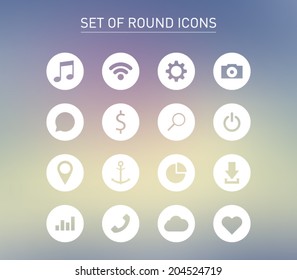 Set of icons over blurred background for smartphones, tablets, devices, user interface, applications. Music, wifi, settings, camera, chat, search, map, download, cloud. Clean and modern syle design
