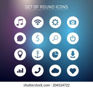 Set of icons over blurred background for smartphones, tablets, devices, user interface, applications. Music, wifi, settings, camera, chat, search, map, download, cloud. Clean and modern syle design