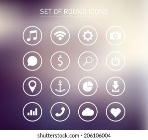 Set of icons over blurred background for smartphones, tablets, devices, user interface, applications. Music, wifi, settings, camera, chat, search, map, download, cloud. Clean and modern syle design