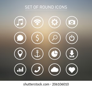 Set of icons over blurred background for smartphones, tablets, devices, user interface, applications. Music, wifi, settings, camera, chat, search, map, download, cloud. Clean and modern syle design