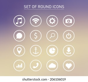 Set of icons over blurred background for smartphones, tablets, devices, user interface, applications. Music, wifi, settings, camera, chat, search, map, download, cloud. Clean and modern syle design