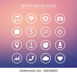 Set of icons over blurred background for smartphones, tablets, devices, user interface, applications. Music, wifi, settings, camera, chat, search, map, download, cloud. Clean and modern syle design
