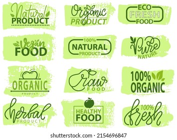 Conjunto de iconos, etiquetas de paquetes. Ingredientes naturales de origen vegetal, señales de productos, pinzas de estampado redondo, pegatinas, naturaleza, ecoamigable, emblemas orgánicos ilustración vectorial. Diseño de logotipos para alimentos