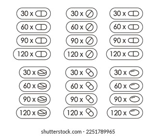 Set of icons for packaging of medicines and food supplements. Quantity indicator for pills, dragees and pearls.