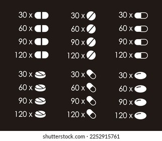 Set of icons for packaging of medicines and food supplements. Quantity indicator for pills, dragees and pearls. Black background.