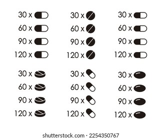 Set of icons for packaging of medicines and food supplements. Quantity indicator for pills, dragees and pearls