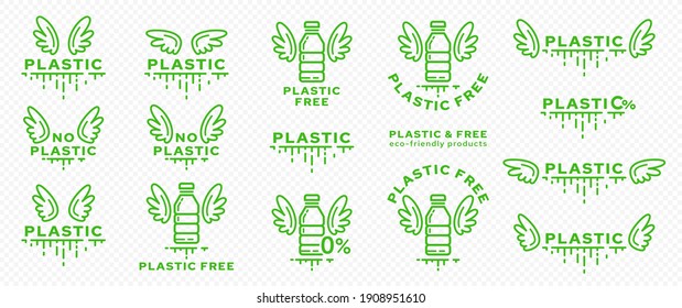 Un conjunto de iconos para los productos de empaquetado. Marcado - sin plástico. Frasco de plástico con alas y línea de producto biodegradable absorbible. Símbolo libre del ingrediente. Vector