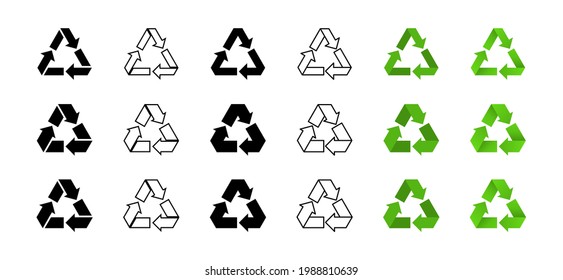 A set of icons for packaging products. Recycling symbol. Triangular icon with three arrows. Vector elements