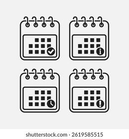 Set icons page calendar - check, info, error and clock. Mark yes, success, approved. Popup message - data, service. Pictogram alert, help, caution or danger. Sign time, watch 24 hour or countdown