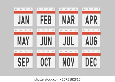 Set icons page calendar - months of the year - January, February, March, April, May, June, July, August, September, October, November and December. Pictogram template for anniversary reminder planning