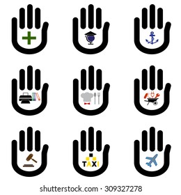 A set of icons of a palm of hands and different symbols for work