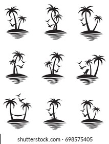 set of icons with palm trees silhouette on island