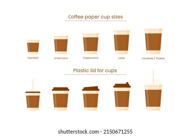 set of icons with paper cups for coffee of different sizes and different lids. vector illustration design isolated on white background