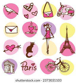 Set of icons. Paris theme. Labels, stickers. Graphic design element.