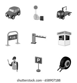 A set of icons for parking cars and bicycles. Fines and elements of parking.Parking zone icon in set collection on monochrome style vector symbol stock illustration.