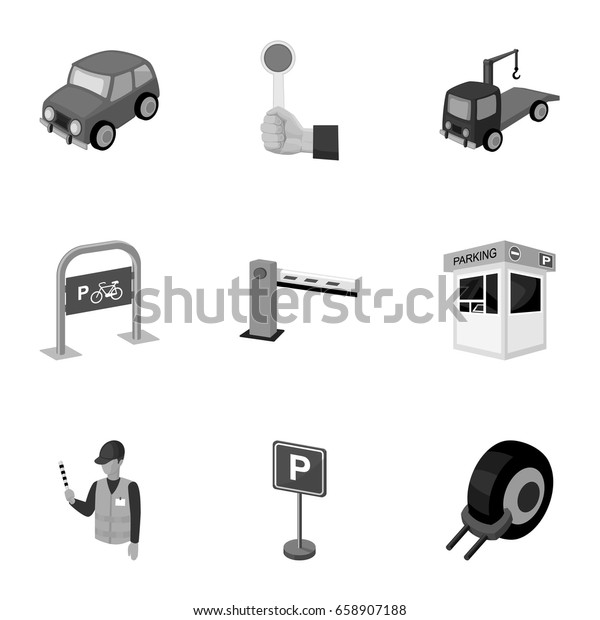 A set of icons for\
parking cars and bicycles. Fines and elements of parking.Parking\
zone icon in set collection on monochrome style vector symbol stock\
illustration.