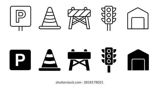 Set of icons for parking cones barriers traffic signals and garage buildings. Includes both outline and solid black versions for design versatility. Perfect for maps traffic management and construction themes.