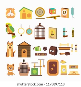 Set  icons with parrot, dog, cat, hamsters  and goods for pets. Vector illustration for banner or web page for vet clinic, pet shop or shelter.