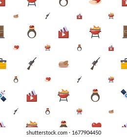 Set Icons Pattern Seamless. Included Editable Flat Video Marketing, Chicken, Caring, Handmade Jewelry, Hunting, BBQ Grill, Toolbox, Satellite Icons. Set Icons For Web And Mobile.