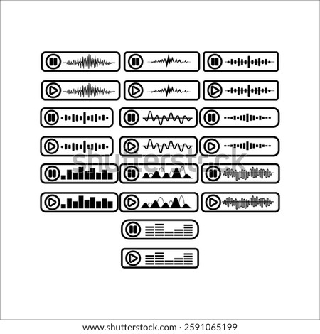set of Icons of pause and play buttons with spectrum noise equalizer. Podcast sound wave line. Record music player. Mobile audio track. Social voicemail. Sound wave talk. Vector illustration