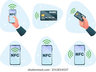 Conjunto de iconos para el pago por teléfono celular y NFC, dispositivo de pago sin contacto