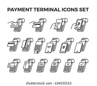 Set of icons payment by terminal.  Contains: pay by credit card, debit card, bitcoin,  smartphone; payment declined, accept; payment by wifi, nfc, pin; hand holding card and smartphone.