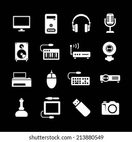 Set icons of PC and electronic devices isolated on black. Vector illustration