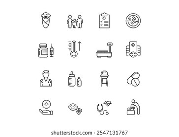 Set of icons for Pediatrics. Editable stroke. Vector illustration