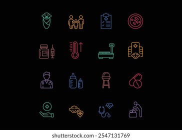 Set of icons for Pediatrics. Editable stroke. Vector illustration