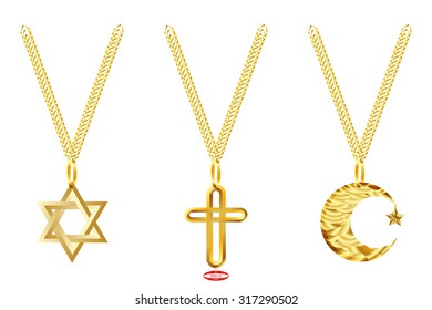 set of icons pendants with chains with star of David with Christian cross with Muslim crescent isolated on white background. vector illustration
