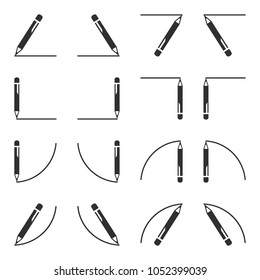Set of icons of pens with a position for writing and position under the text, a straight and oblique bend. Vector illustration