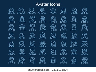 Set of Icons people avatars for profile page, social network, social media. Avator collection with different age man and woman characters, profession. Vector, Flat, line.