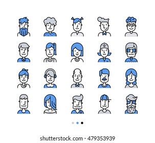 Set of Icons people avatars for profile page, social network, social media.  Avator collection with different age man and woman characters, profession. Vector, Flat, line,  colorful