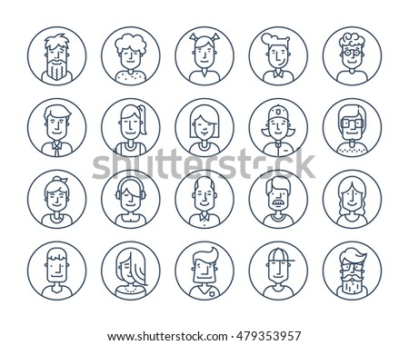 Set of Icons people avatars for profile page, social network, social media.  Avator collection with different age man and woman characters, profession. Vector, Flat, line,  colorful