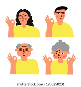 Set of icons of people different ages showing ok gesture. Illustration on white background.