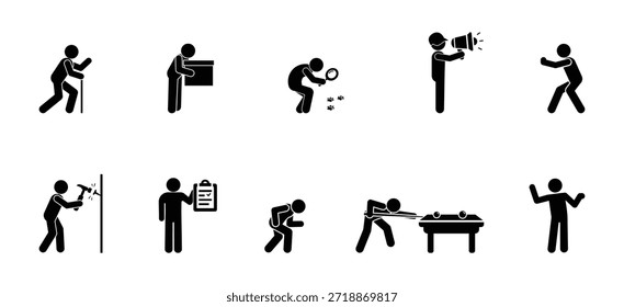 Un conjunto de iconos de personas en diferentes situaciones, figuras de palo y siluetas humanas.