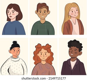 set of icons people faces avatars users for web applications ginger hair red hairstyle  blond asian skin black arab slavic man girl boy collection 
