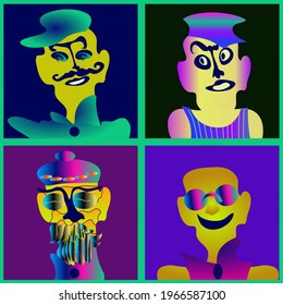 A set of icons of people with funny faces, on a blue-green square background. Use it for design and icons.