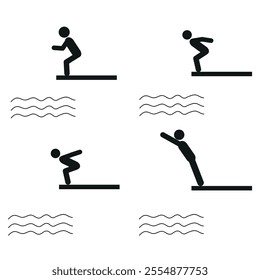 a set of icons of people jumping into the water from a springboard, from a tower, a healthy lifestyle, pictograms of human figures, a stick man doing sports, a sketch
