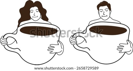 set of icons of people with large cups of coffee in line art style