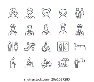 Set of icons with people. Minimalistic stickers with children, adult, people with disabilities and professions. Design elements for web. Cartoon flat vector collection isolated on white background