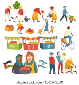 Set of icons people planting trees, harvesting crop on field, mother with child, women with crop holding Palestinian and Israeli flags, bio products in market booths cartoon flat vector illustration